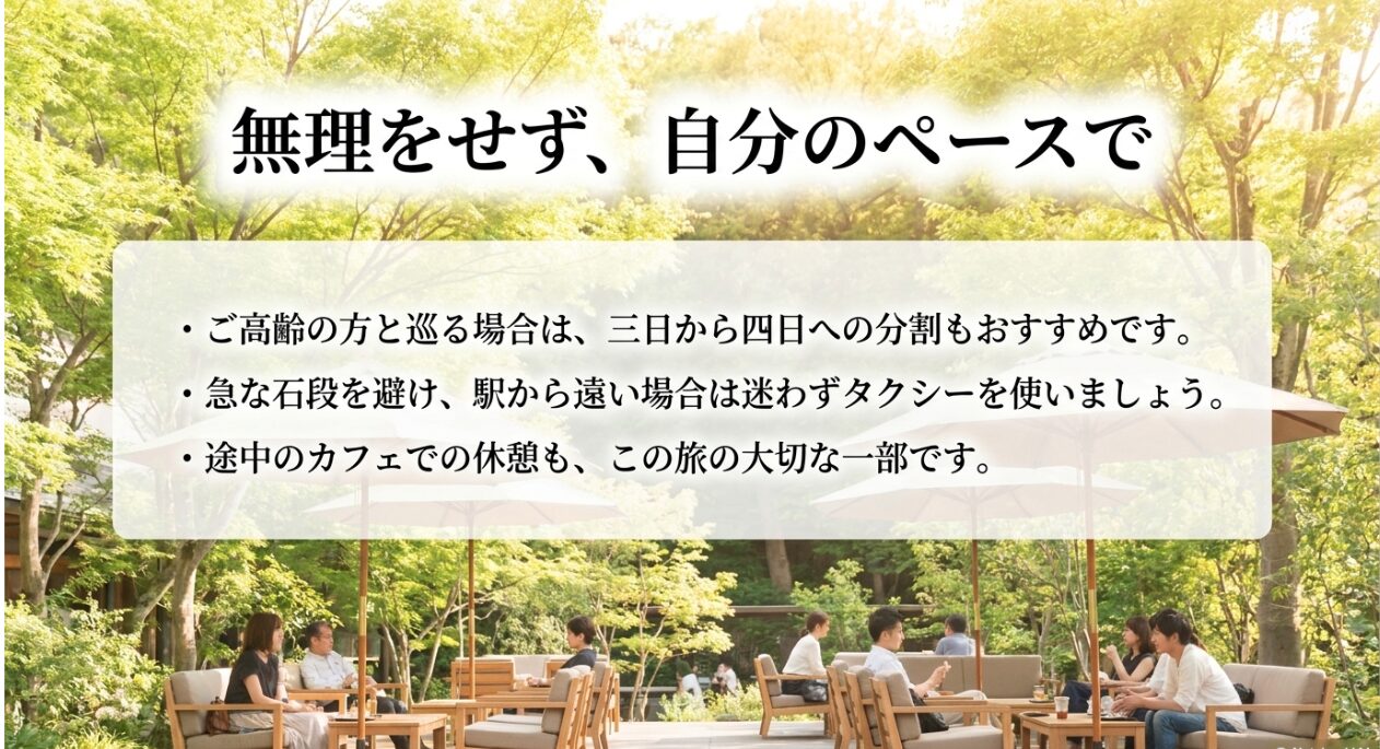 ご高齢の方と巡る場合の三日〜四日への分割やタクシーの利用、カフェでの休憩など無理をしない巡り方の提案