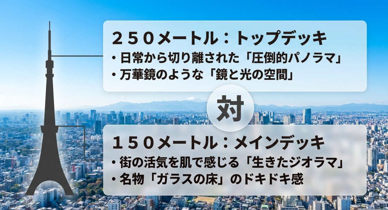 250mトップデッキの圧倒的パノラマや鏡と光の空間と、150mメインデッキの生きたジオラマやガラスの床の特徴比較