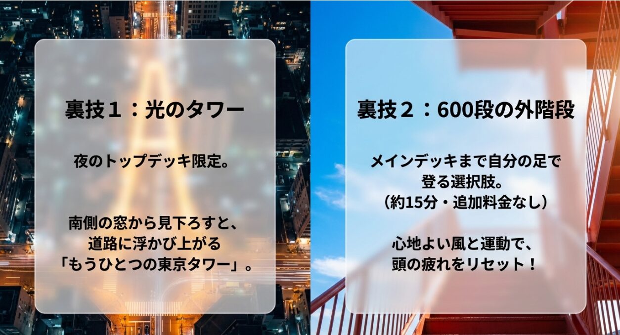 東京タワーの裏技。夜のトップデッキ限定で見えるもうひとつの東京タワーと、メインデッキへ続く600段の外階段