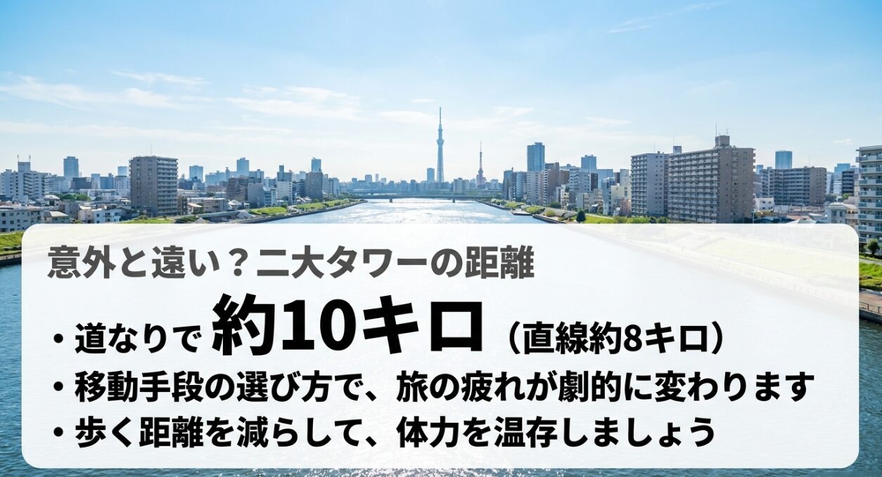 スカイツリーと東京タワーの道なりの距離は約10km。移動手段で旅の疲れが変わる