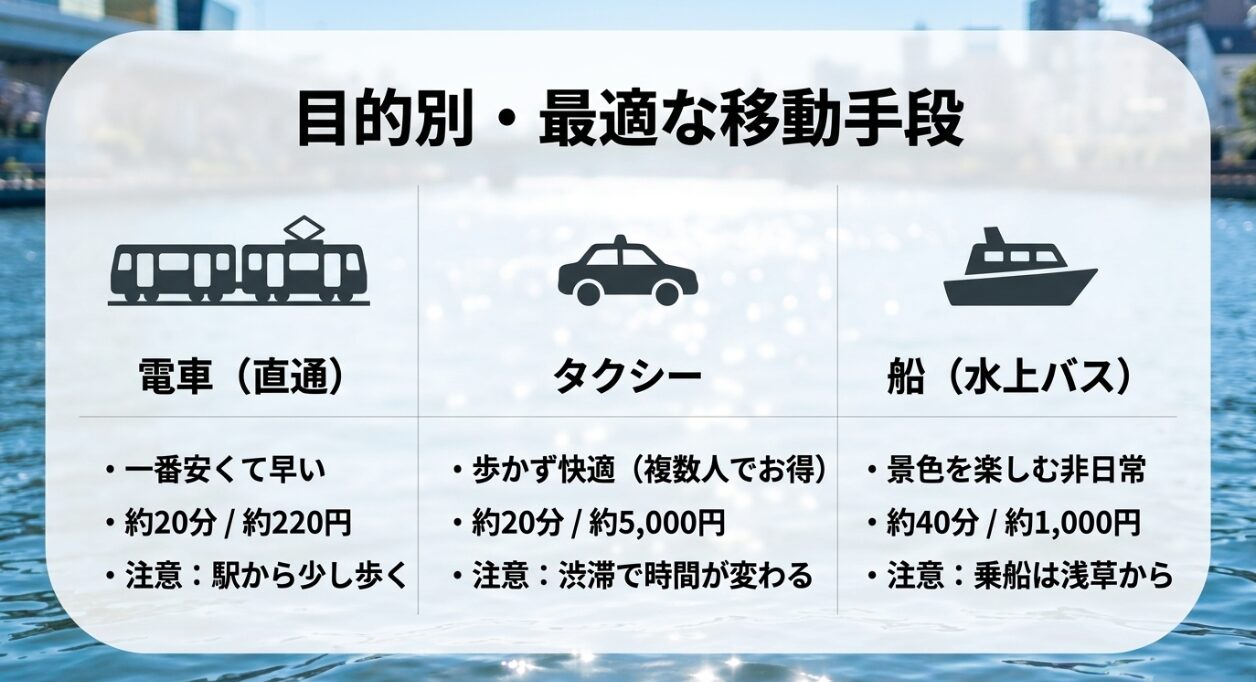 スカイツリーから東京タワーへの移動手段比較表。電車、タクシー、水上バスの料金や時間を比較