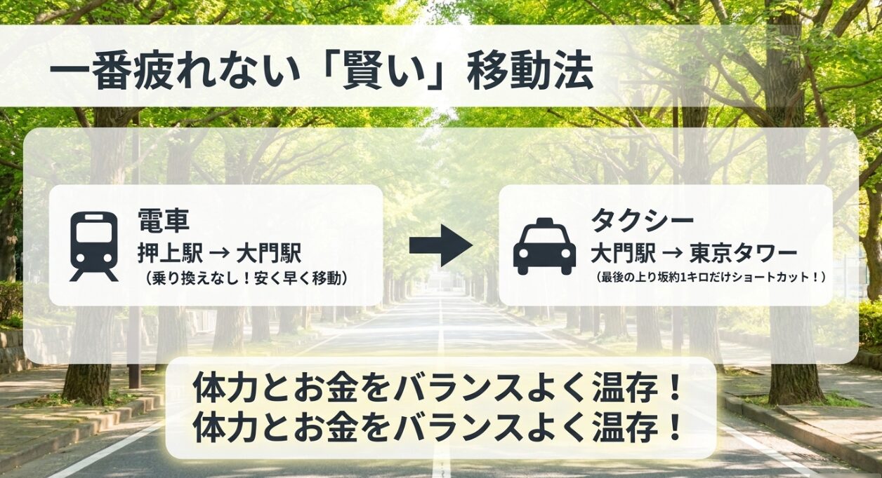 電車（押上駅から大門駅）とタクシー（大門駅から東京タワー）を組み合わせた一番疲れない移動方法