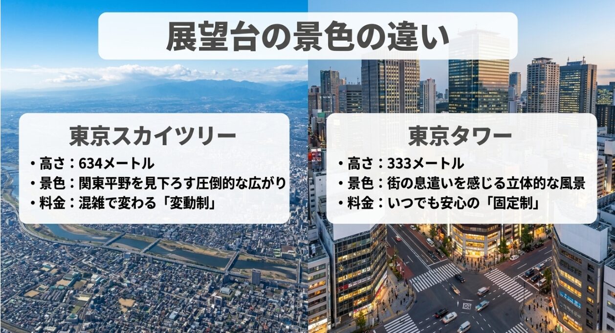 東京スカイツリーと東京タワーの展望台の高さ、景色の見え方、料金システムの違いを比較