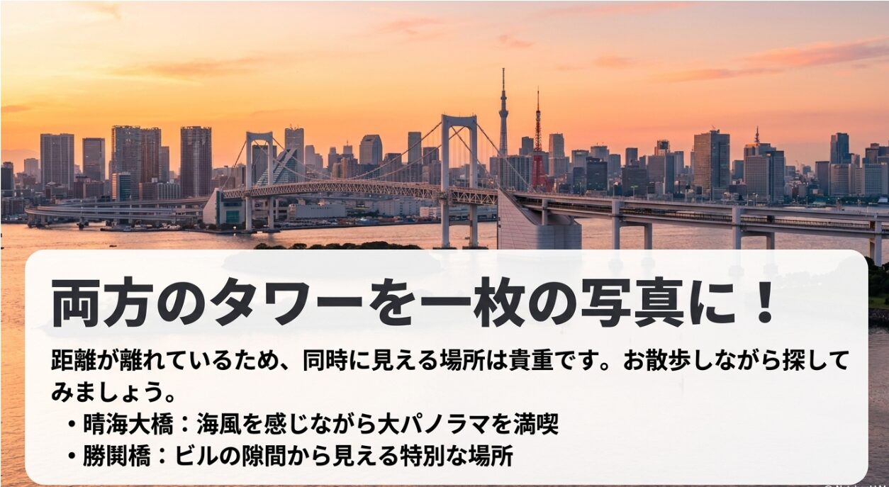 東京スカイツリーと東京タワーが同時に見える晴海大橋や勝鬨橋などの穴場撮影スポット