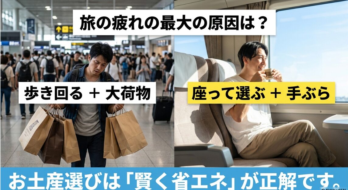 旅の疲れの最大の原因は歩き回ることと大荷物。お土産選びは座って選んで手ぶらで帰る賢く省エネが正解という解説。