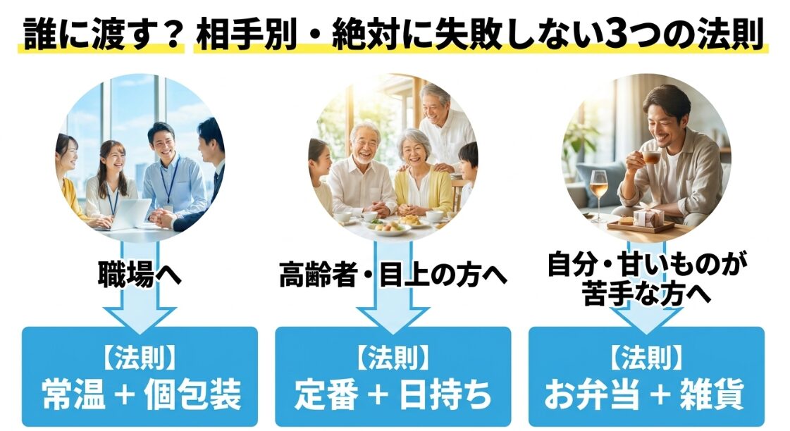 誰に渡すか相手別のお土産選びの法則。職場、高齢者・目上の方、自分・甘いものが苦手な方向けの3パターンを紹介。