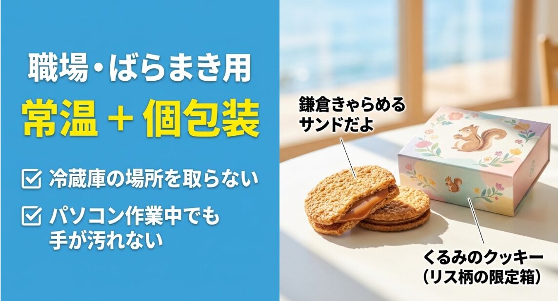 職場やばらまき用のお土産には常温保存と個包装がおすすめ。冷蔵庫の場所を取らず手が汚れないメリットを解説。