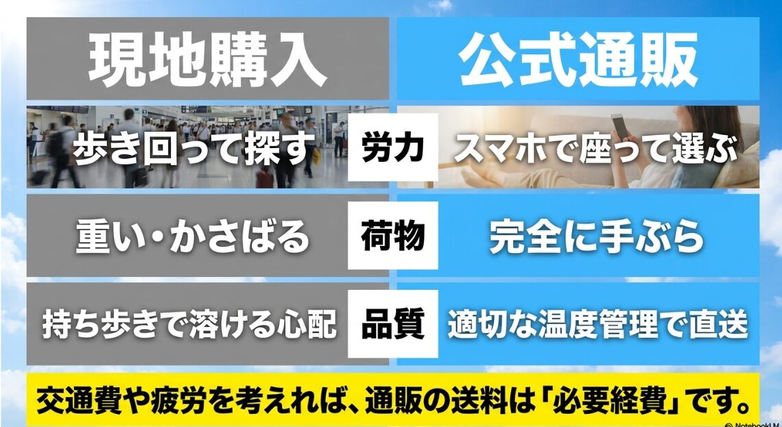 空港での現地購入と公式通販の比較表。通販を利用すればスマホで選べて完全に手ぶら、適切な温度管理で直送できるメリットを解説。