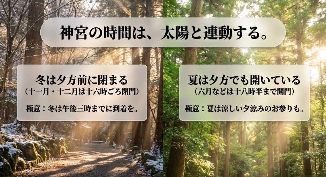 明治神宮の時間は太陽と連動しており、冬は16時頃に閉門するため15時までの到着がおすすめ、夏は18時半まで開門していることを説明するスライド