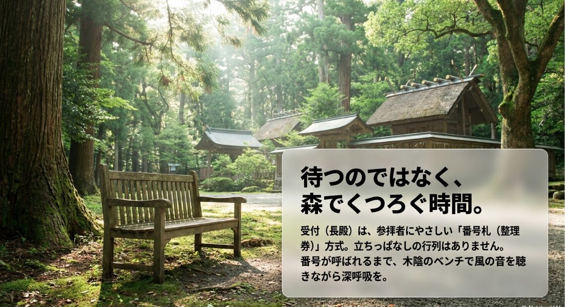 御朱印受付の長殿は番号札方式を採用しており、立ちっぱなしの行列はなく、木陰のベンチで森の空気を楽しみながら待てることを解説したスライド