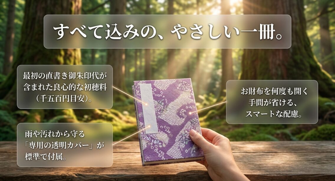 明治神宮の御朱印帳は初穂料1500円に最初の直書き御朱印代が含まれており、雨や汚れから守る透明カバーが標準で付属していることを紹介するスライド