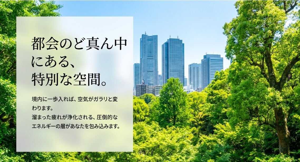 都会のど真ん中にある特別な空間。境内に一歩入れば空気が変わり、圧倒的なエネルギーの層が包み込む