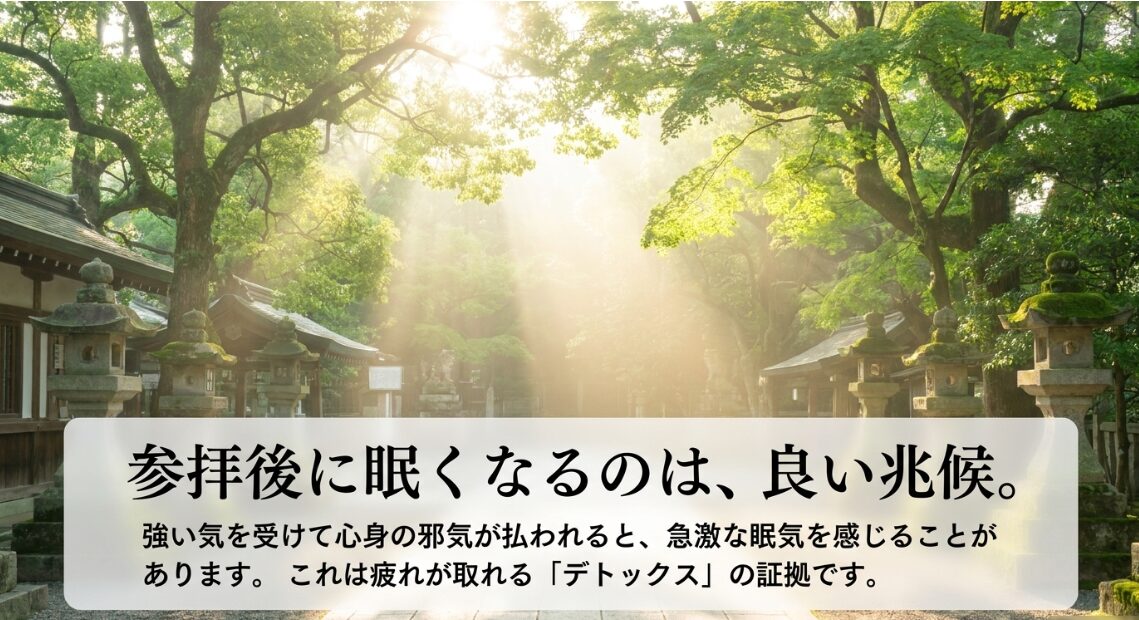 参拝後に眠くなるのは良い兆候。強い気を受けて心身の邪気が払われる好転反応（デトックス）の証拠