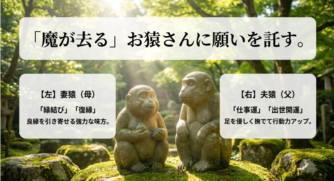 縁結びや復縁のご利益がある妻猿と、仕事運や出世開運のご利益がある夫猿。「魔が去る」お猿さんに願いを託す