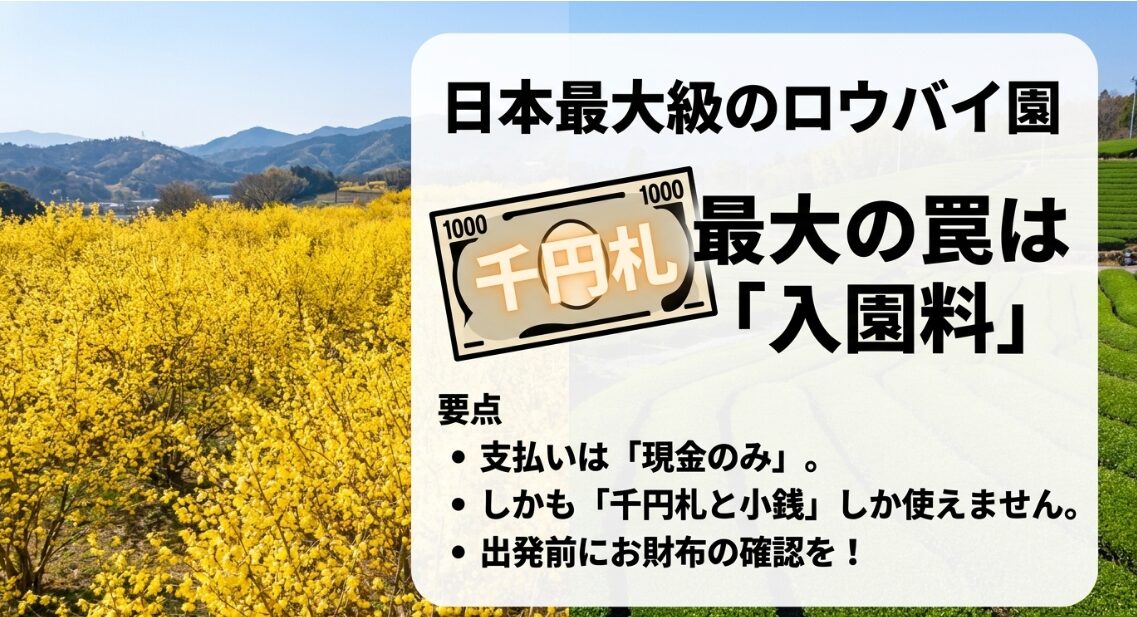  日本最大級のロウバイ園。入園料の支払いは現金のみで千円札と小銭しか使えない点に注意  