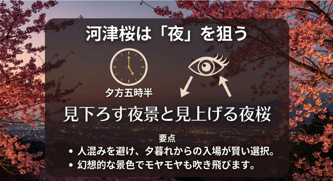 夕方5時半からの河津桜。人混みを避け、見下ろす夜景と見上げる夜桜を楽しむ