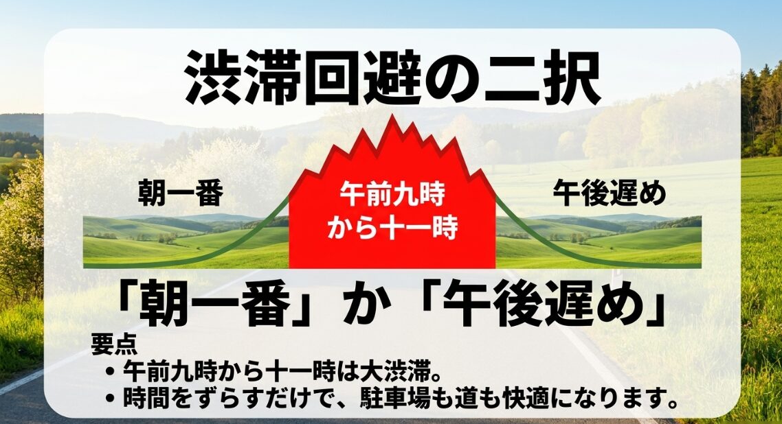 渋滞回避の二択。午前9時から11時の混雑を避け、朝一番か午後遅めに出発する