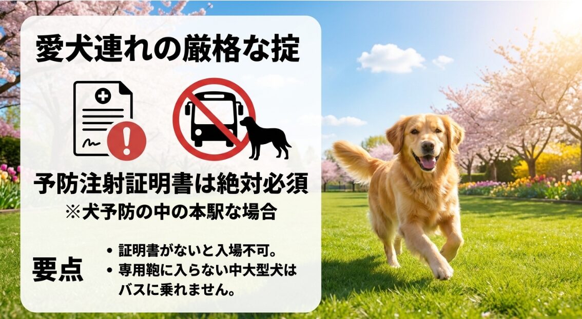 愛犬連れの厳格なルール。狂犬病予防注射済証明書の必須と、専用鞄に入らない中大型犬のバス乗車不可について