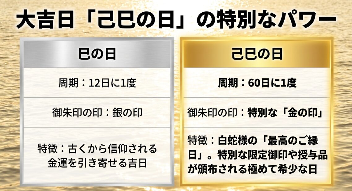 巳の日と己巳の日の周期や御朱印の印の違いを図解。己巳の日は60日に1度の極めて希少な吉日であることを解説。