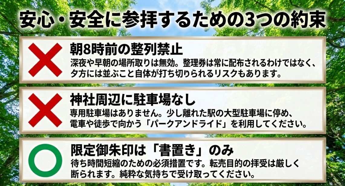 朝8時前の整列禁止、駐車場なし、限定御朱印は書置きのみといった、蛇窪神社を安全に参拝するための3つの重要なルール。