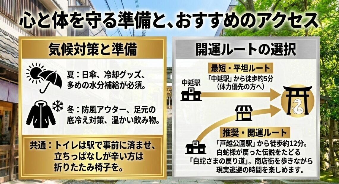 夏や冬の参拝時の防寒・防暑対策と、中延駅や戸越公園駅からのアクセスルートの比較。戸越公園駅からの白蛇さまの戻り道を推奨。