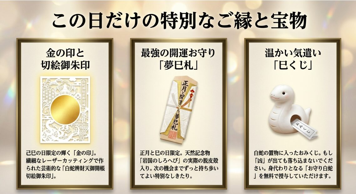金の印や切絵御朱印、夢巳札、巳くじといった、蛇窪神社の己巳の日限定で頒布される特別なご縁と授与品の紹介。
