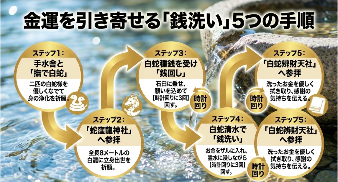 撫で白蛇への挨拶から始まり、白蛇種銭を受けた銭回し、白蛇清水での銭洗いなど、金運を引き寄せる5つの正しい手順の図解。