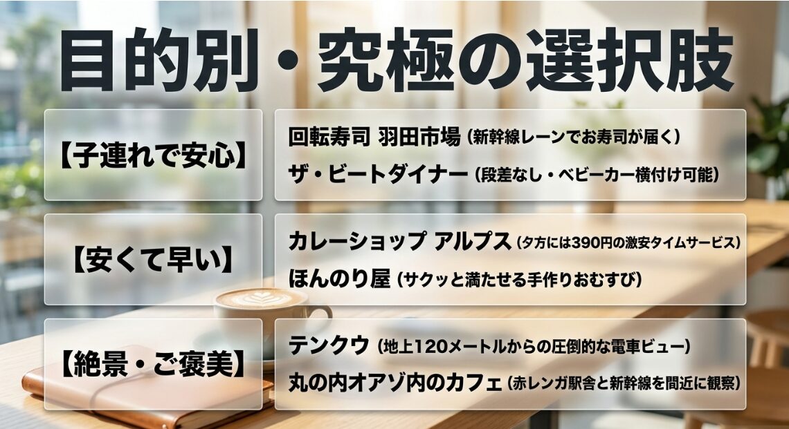 子連れで安心、安くて早い、絶景などの目的別に東京駅のスポットをまとめたスライド