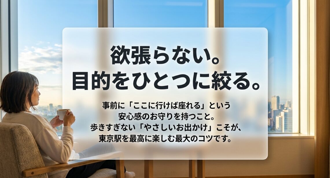 欲張らず目的を一つに絞り、歩きすぎないことが東京駅を楽しむコツであることを伝えるスライド
