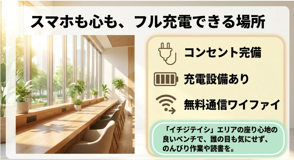 コンセント完備のヤエスパブリックで作業や充電