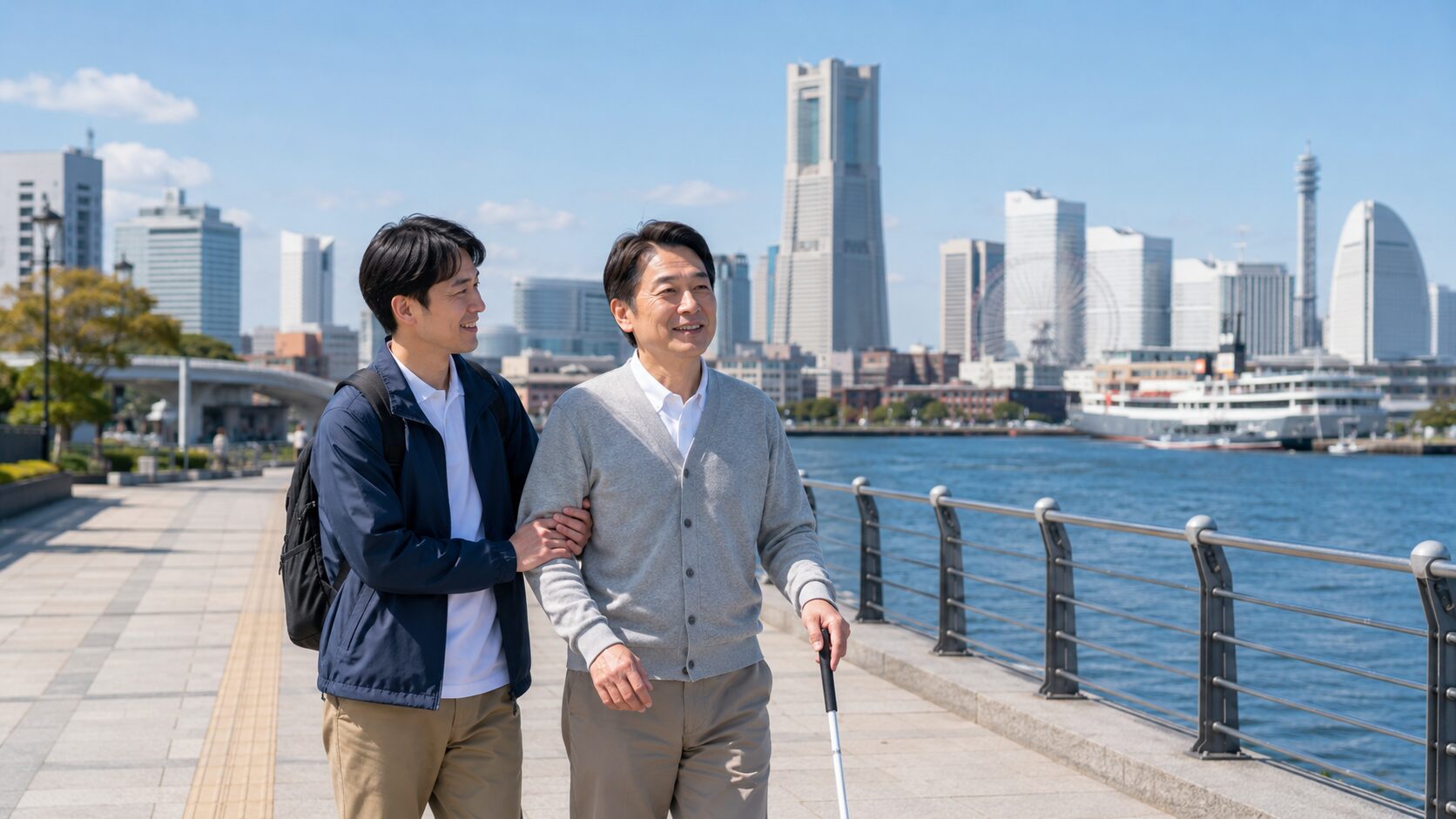 横浜みなとみらいの海沿いを歩く日本人ガイドヘルパー