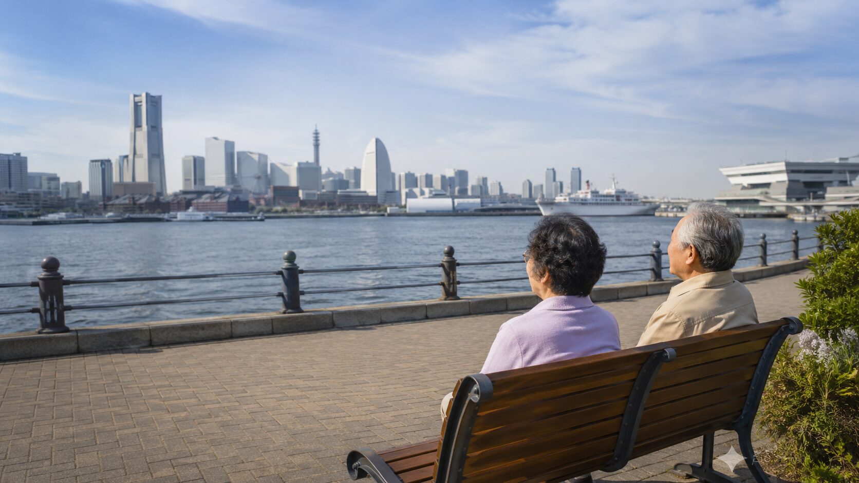 横浜港のベンチでみなとみらいの景色を眺めながら休憩する日本人シニア夫婦