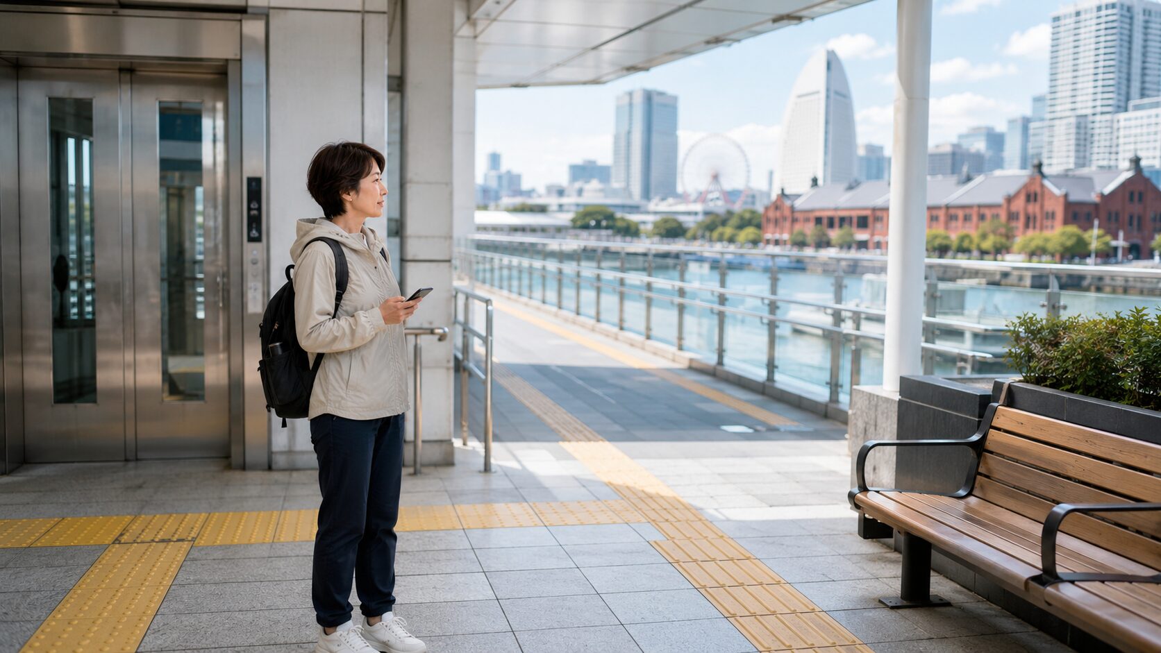 横浜観光のバリアフリー経路とエレベーターや休憩場所を確認する日本人女性