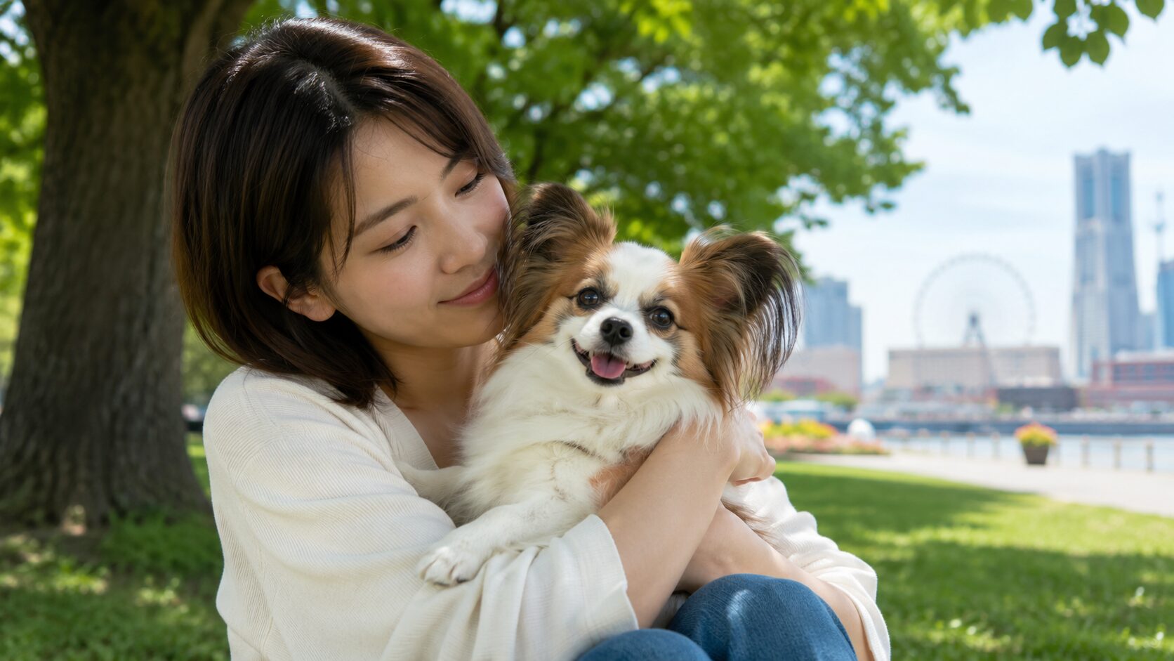 横浜みなとみらいを望む公園で飼い主に抱かれてくつろぐパピチワのちびマロ