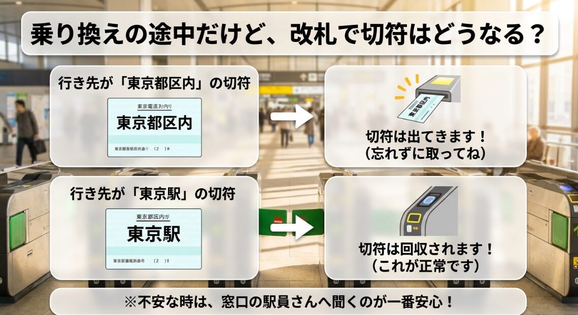 改札を通る際の切符の取り扱い。東京都区内の切符は出てくるが、東京駅の切符は回収されることの注意喚起