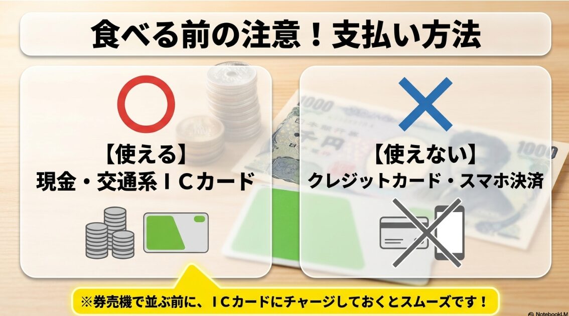 東京ラーメンストリートでの支払いに関する注意。現金と交通系ICカードは使えるが、クレジットカードやスマホ決済は使えないという案内