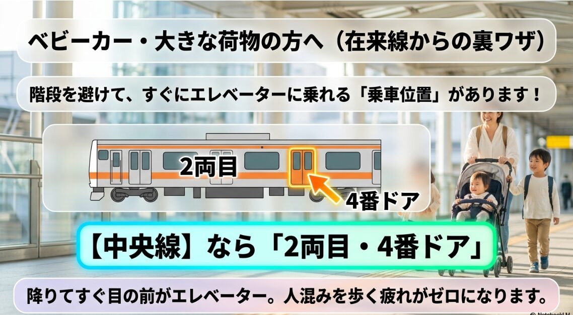 中央線からエレベーターにすぐに乗れる乗車位置(2両目4番ドア)の案内