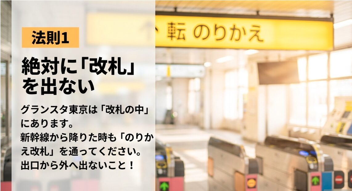 法則1としてグランスタ東京は改札内にあるため絶対に改札を出ないことを説明するスライド