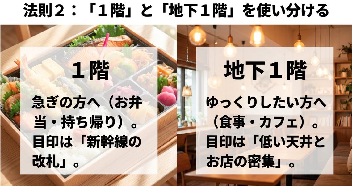 法則2として1階は急ぎの方向け、地下1階はゆっくりしたい方向けであることを説明するスライド