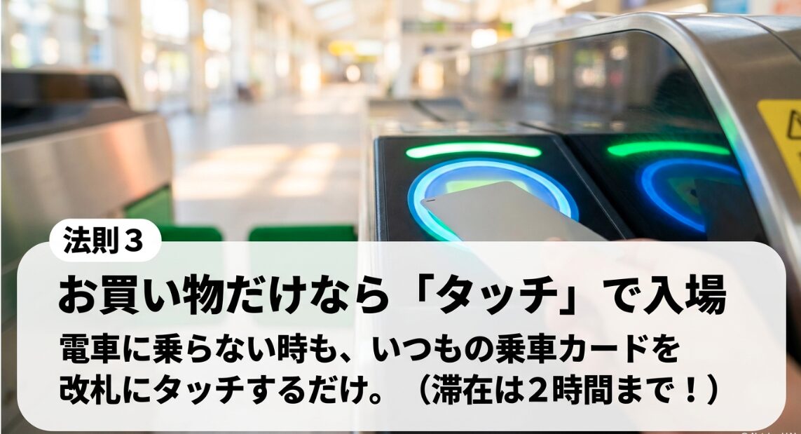 法則3としてお買い物だけなら交通系ICカードのタッチで入場できることを説明するスライド
