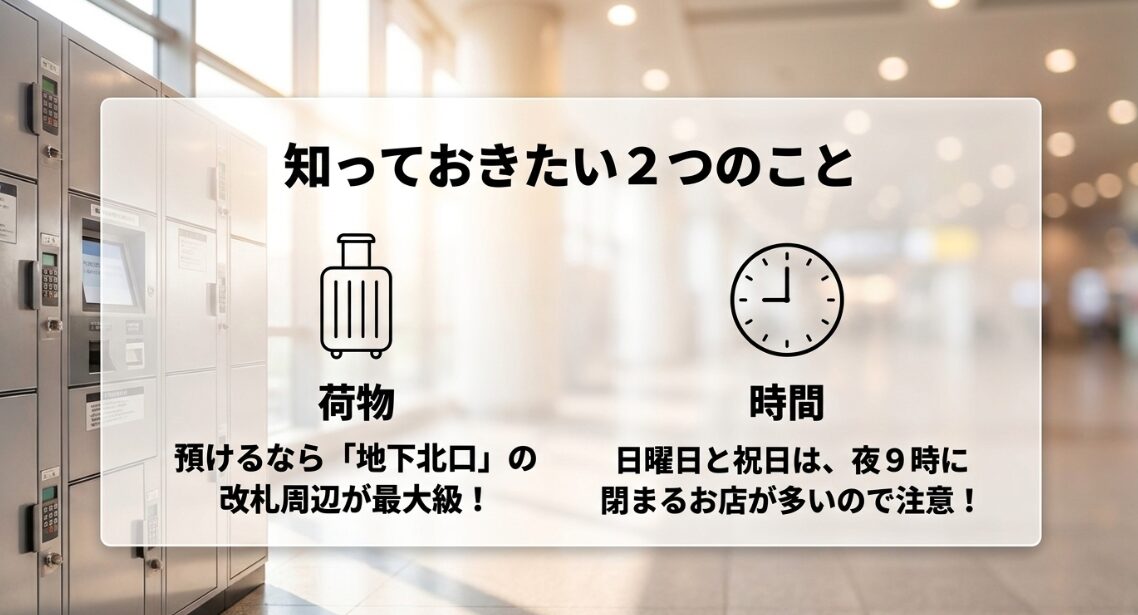 荷物を預ける場所と日曜祝日の営業時間短縮について注意を促すスライド