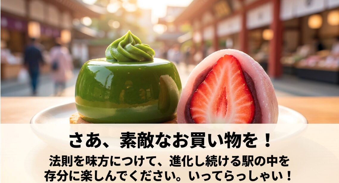 法則を味方につけてグランスタ東京での買い物を楽しむようメッセージを伝えるスライド