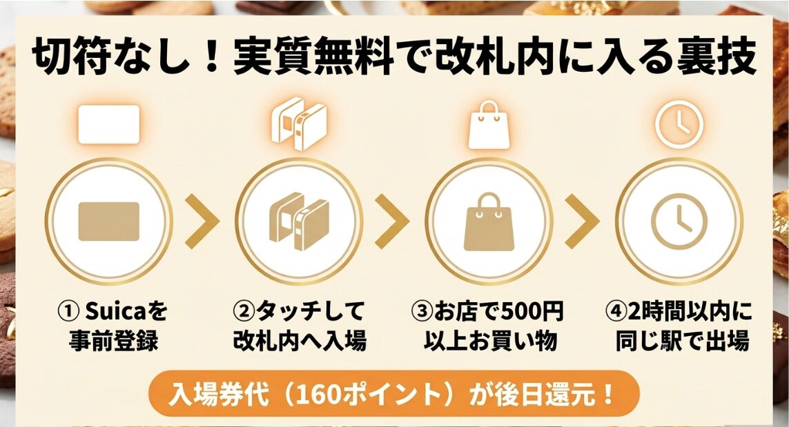 切符なしで実質無料で改札内に入る裏技。Suicaを事前登録し、タッチして入場、500円以上買い物をして2時間以内に出場する手順。