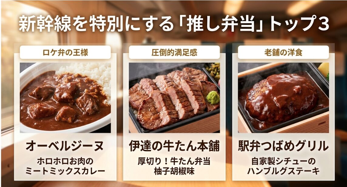 新幹線を特別にする推し弁当トップ3。オーベルジーヌ、伊達の牛たん本舗、駅弁つばめグリルの人気お弁当。