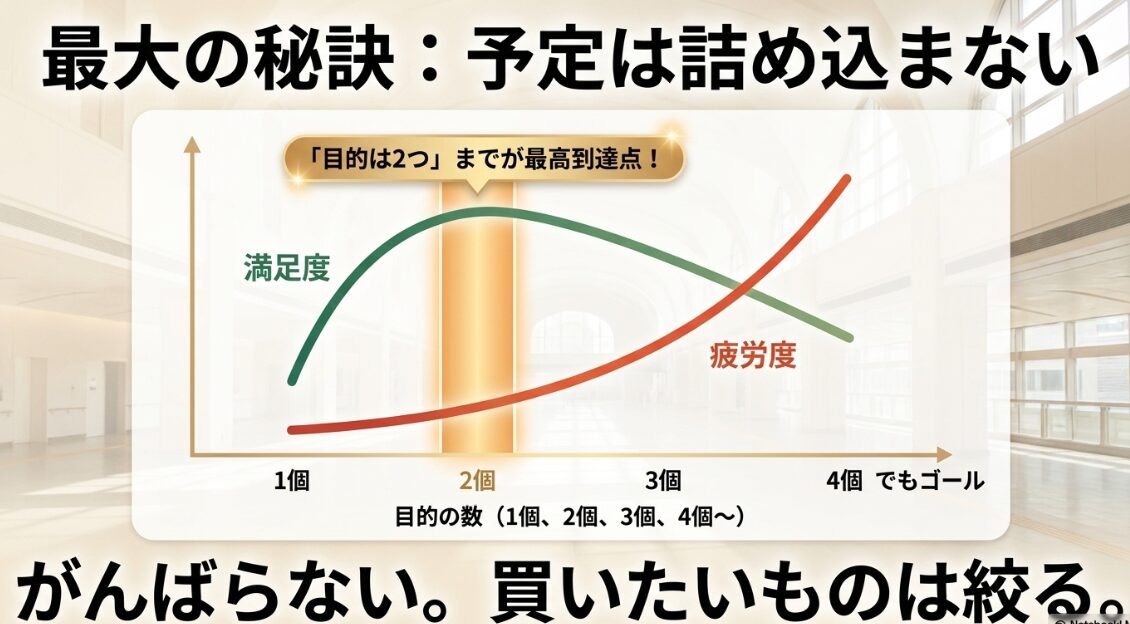 最大の秘訣は予定を詰め込まないこと。目的の数は1〜2個に絞って、がんばらずに買い物をする。