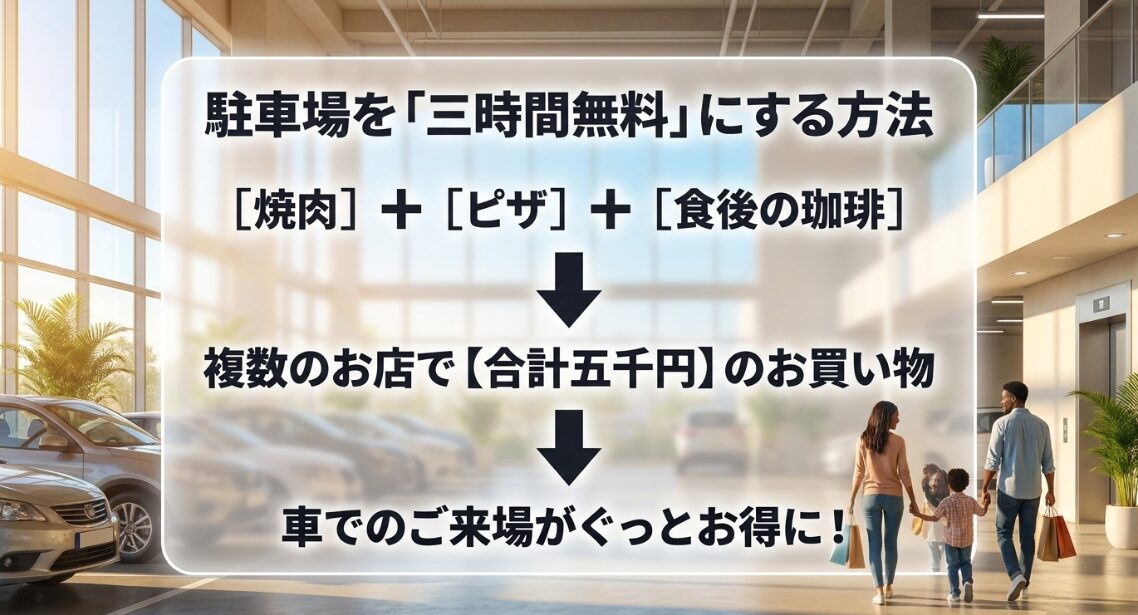 駐車場を「三時間無料」にする方法 焼肉+ピザ+食後の珈琲 複数のお店で【合計五千円】のお買い物 車でのご来場がぐっとお得に!