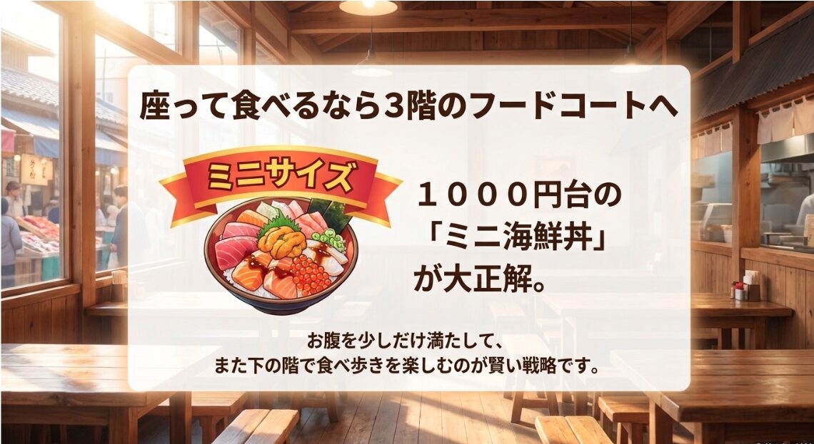 座って食べるなら3階のフードコートがおすすめ。1000円台のミニ海鮮丼でお腹を少し満たし、また下の階で食べ歩きを楽しむのが賢い戦略です。