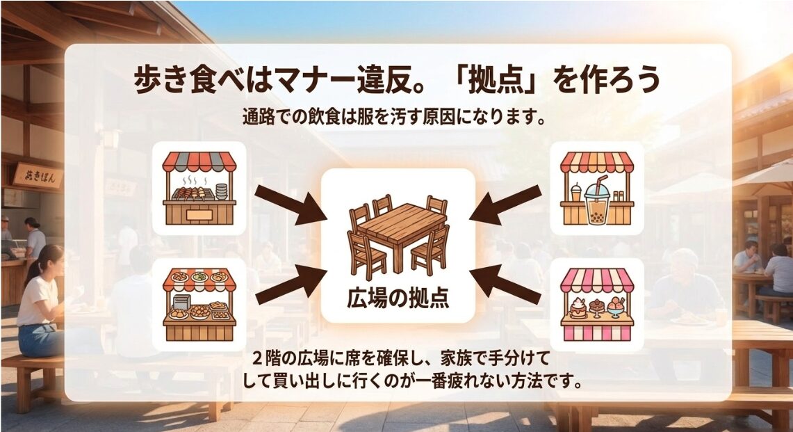 歩き食べは服を汚す原因になるためマナー違反。2階の広場に席を確保し、家族で手分けして買い出しに行くのが一番疲れない方法です。