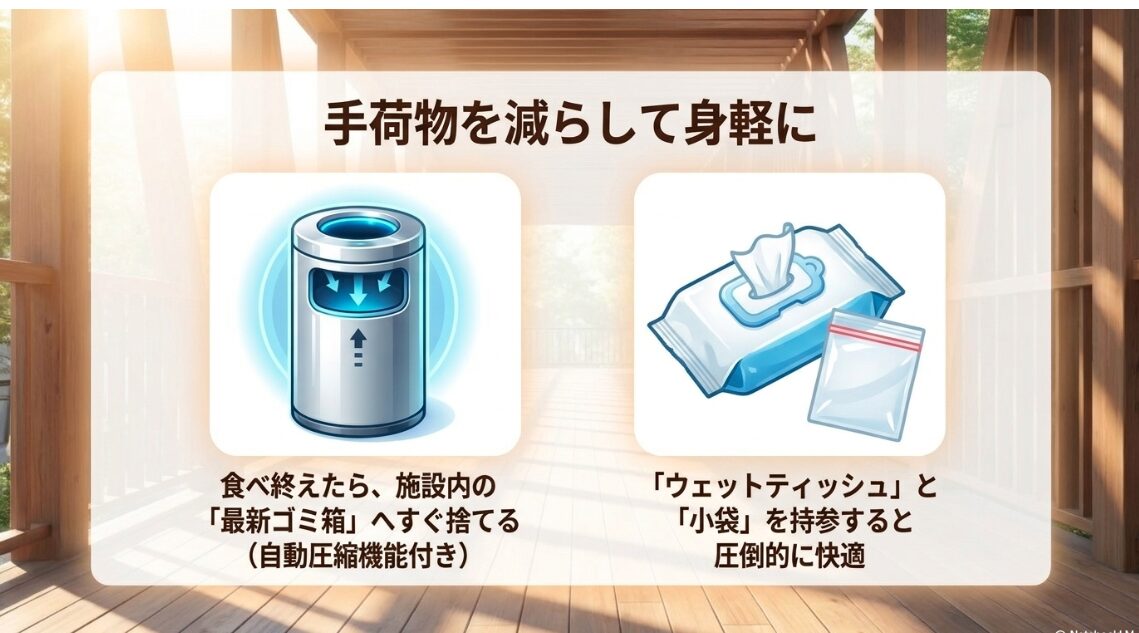 手荷物を減らして身軽に行動する工夫。食べ終えたら自動圧縮機能付きの最新ゴミ箱へ捨て、ウェットティッシュと小袋を持参すると圧倒的に快適になります。
