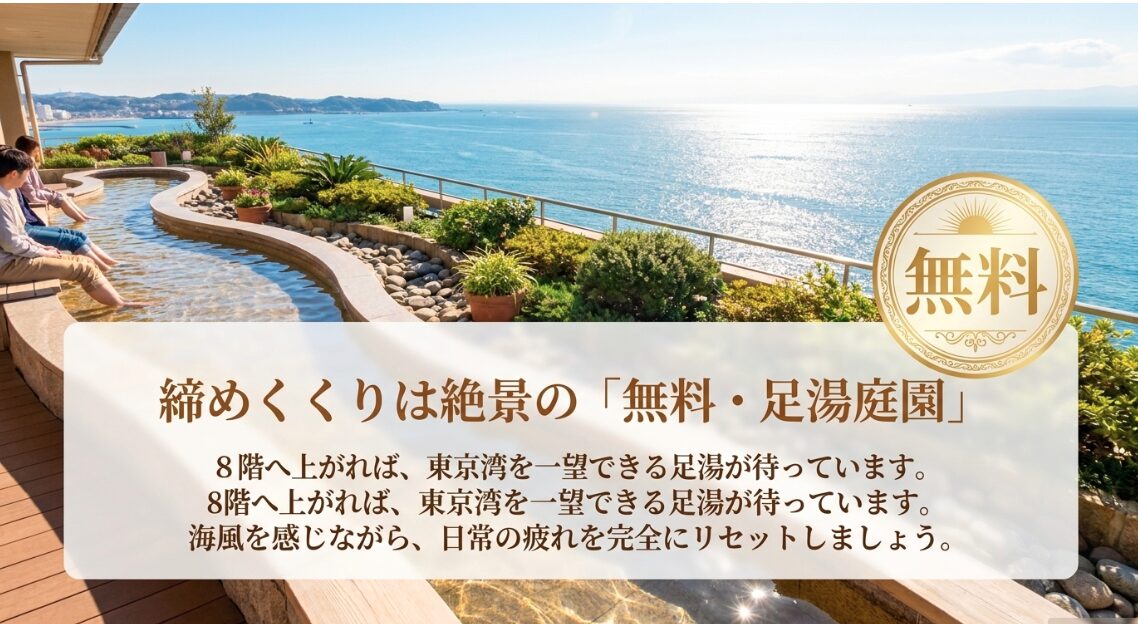 締めくくりは絶景の無料足湯庭園。8階へ上がれば東京湾を一望できる足湯があり、海風を感じながら日常の疲れを完全にリセットできます。